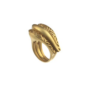 Stack Sculpture Ring Gold-plated mini architectural sculpture inspired by shapes and motifs combining Egyptian and Persian cultures. 