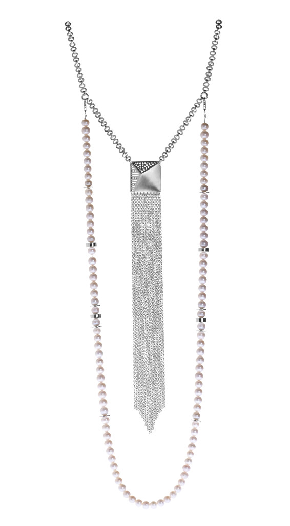 Multi-way pearl lariat in sterling silver. 