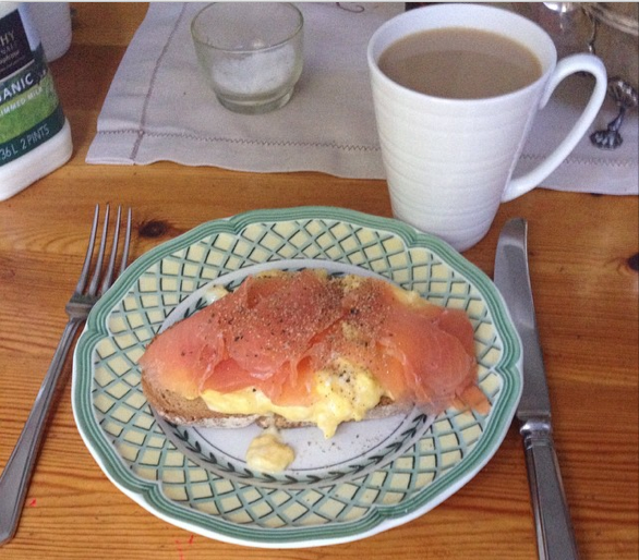 Scrambled Eggs with Smoked Salmon on a Toast